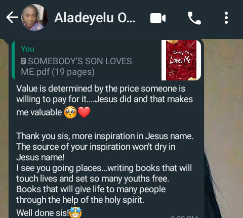 Testimonial Of 'Somebody's Son Loves Me' By Oluwanifemi Aladeyelu